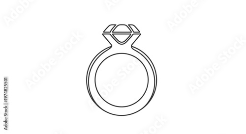 Minimalist black line art diamond engagement ring icon isolated on white. Wedding proposal jewelry symbol.