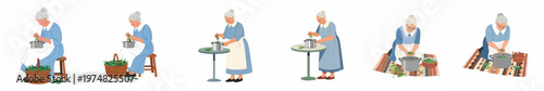 Set of illustrations showing an elderly grandmother shelling fresh green peas in various poses, from sitting to standing, for food preparation.