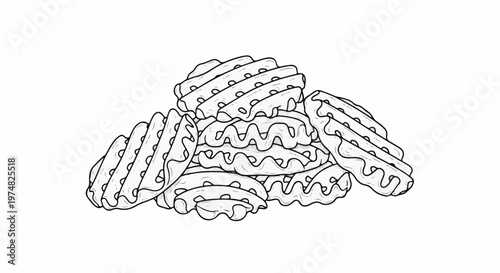 A monochrome drawing of a pile of waffle fries against a white background