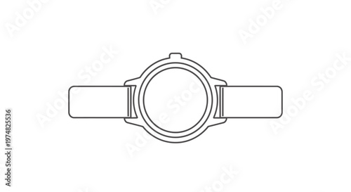 Generic top-down line art icon of a classic wrist watch with empty face and strap. Simple vector outline illustration of a timepiece.