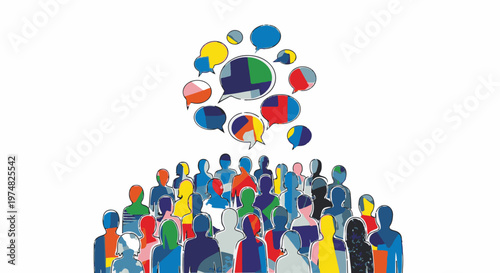Diverse abstract figures conversing through colorful speech bubbles