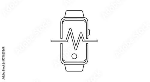 Line art icon of a smartwatch displaying a heart rate monitor waveform, representing digital health, fitness tracking, and wearable technology.