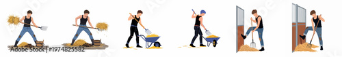 Flat vector illustration set of a young man performing farm chores, including cleaning horse stalls, pitching hay, and using a wheelbarrow.