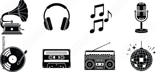 Vintage music icon set vector illustration retro audio equipment graphics for design projects