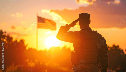 Memorial Day Military Salute Scene with American Flag Backlight