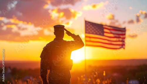 Silhouette Soldier Saluting American Flag at Memorial Day Sunset
