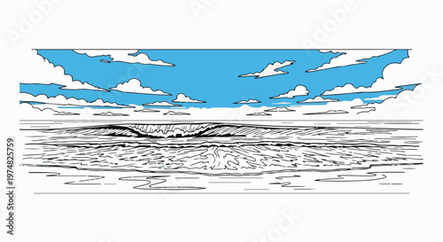 A stylized, black and white drawing depicts a vast ocean with a large, breaking wave