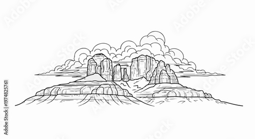 Stylized black and white sketch of towering rock formations under a cloudy sky