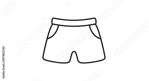 Simple outline vector illustration of casual shorts with pockets. Black and white line art icon of summer apparel clothing item.