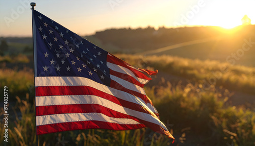 Memorial Day USA Flag Blowing in a Scenic Countryside Field