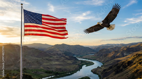 Memorial Day American Flag Flying Above a Mountain Landscape