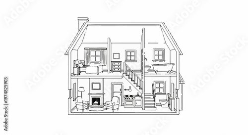 Detailed line drawing of a dollhouse interior showing multiple rooms and furnishings