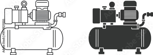 Comparison of two air compressor designs different tank finishes industrial machinery equipment flat vector illustration clean design.
