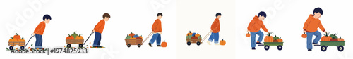 Set of illustrations of a little boy pulling a wagon full of pumpkins, autumn harvest theme.