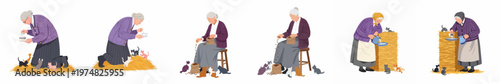 Set of vector illustrations featuring an elderly woman caring for and feeding several kittens in a rustic farm setting with hay and milk.