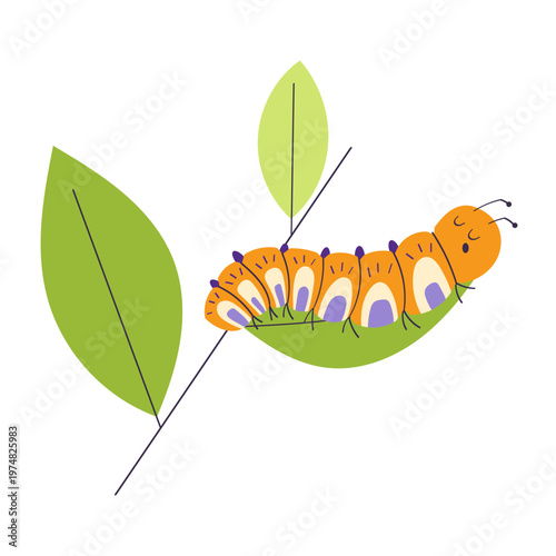 Cute colorful caterpillar crawling on green leaf branch. Simple funny insect character isolated on white background