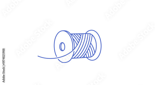 Simple blue line art vector icon of a sewing thread spool with an unwound end, perfect for craft and textile concepts.