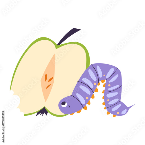 Cute colorful caterpillar near sliced apple. Simple funny insect character isolated on white background