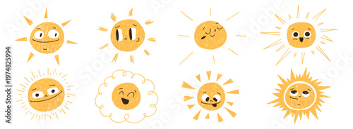 Set of cute hand drawn sun characters with funny faces and different rays shapes. Cheerful summer weather icons isolated on white background