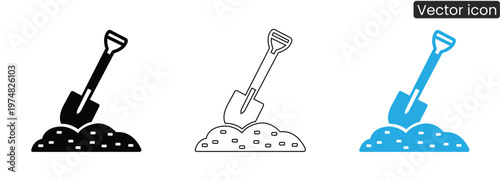 Shovel digging into a pile of dirt on white background vector icon set