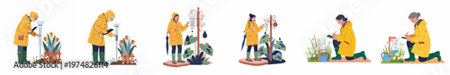 Set of flat illustrations featuring characters in yellow raincoats measuring garden rainfall and recording weather data with rain gauges and notebooks.