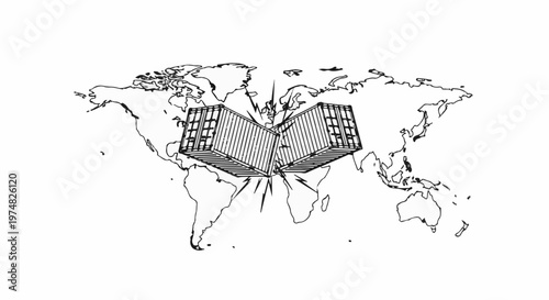 Global shipping containers exploding over the world map, signifying disruption