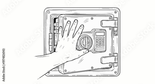 Hand opening a safe with a keypad and dial