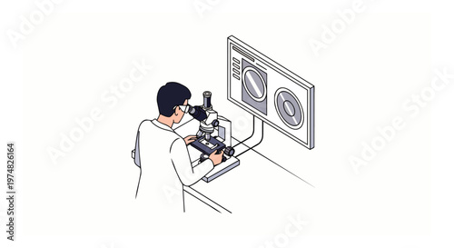 Scientist Researching with Microscope and Digital Monitor in Laboratory, Isometric Vector Illustration for Medical and Science Concepts