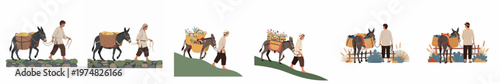 Collection of flat vector illustrations depicting men leading donkeys with baskets filled with grain, flowers, and produce through diverse rural landscapes.
