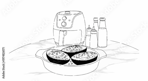 Stuffed avocados sit in a baking dish, near an air fryer and bottles