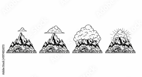 Four stages of a mountain with evolving clouds and a village