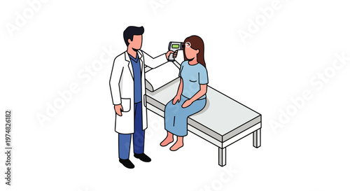 Doctor Measuring Patient Temperature with Non-Contact Infrared Thermometer in Clinic, Isometric Vector Illustration