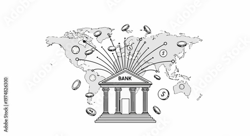 Bank building connected to global financial network with flying coins