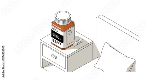 Isometric Illustration of a Smart Digital Pill Bottle with Medication Reminder Clock on a Bedside Table