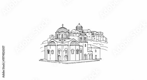 Hand-drawn sketch of a domed building complex on a hillside