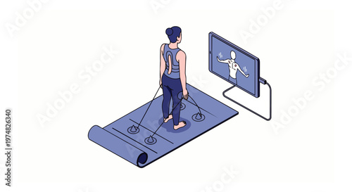 Isometric Illustration of a Woman Using Smart Fitness Motion Tracking Technology with a Digital AI Coach for Home Workout and Physical Therapy