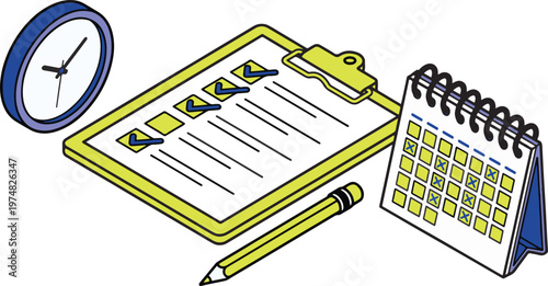 Prioritize Time: A meticulously arranged scene captures a clock, a clipboard with checkboxes, a pencil, and a calendar, harmonizing the essence of time management.