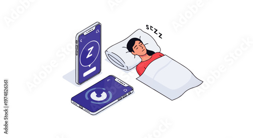 Isometric Illustration of a Woman Sleeping with Mobile Apps for Sleep Tracking and Digital Health Monitoring Technology