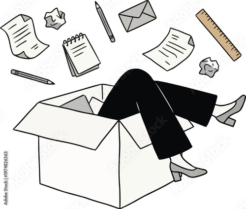 Office Escape: A person's legs emerge from a cardboard box amidst a whimsical collection of office essentials, like a pencil and a letter, hinting at the desire for a break from routine.