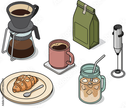 Artisanal Coffee Ritual: An artful illustration showcases a coffee setup, featuring a pour-over system, a bag of beans, a cup of coffee, an iced coffee beverage, a croissant, and a handheld frother.