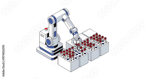 Isometric Illustration of an Automated Laboratory Robotic Arm Processing Medical Test Tubes for Biotech Research and Diagnostics
