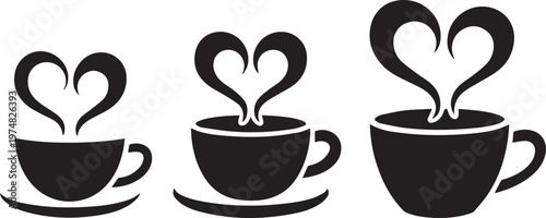 Three coffee cups with steam forming heart shapes symbolizing love and warmth.