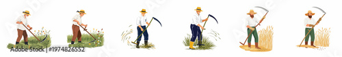 Set of flat vector illustrations of male farmers using traditional scythes to cut grass and wheat in a field, manual agriculture work concept.