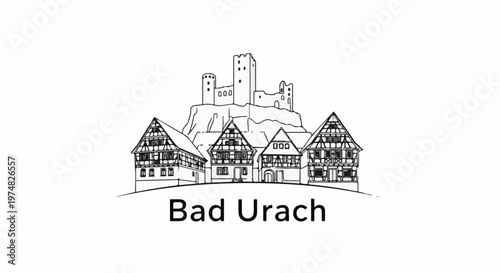 Medieval town with castle above half-timbered houses on white background