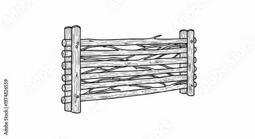 Rustic wooden fence made from natural branches, hand-drawn outline