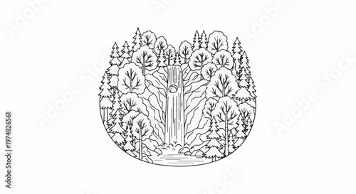 Black and white illustration of a waterfall in a forest, contained within a circle