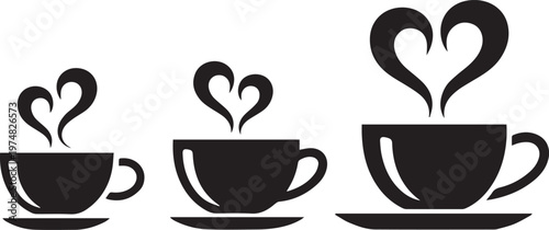 Three stylish coffee cups with heart-shaped steam designs symbolizing love and warmth