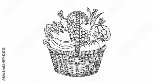 A woven basket overflows with a bountiful assortment of fresh fruits and vegetables