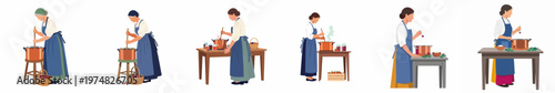 Set of flat illustrations featuring women in traditional aprons preparing homemade jam, stirring large pots of berries, and preserving fruit.