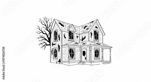 Dilapidated house with broken windows and bare tree branches